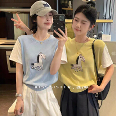 批发韩版撞色设计感短袖针织衫2026春夏减龄气质舒适圆领上衣慵懒显瘦