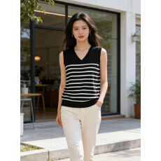 批发条纹v领针织背心女秋冬叠穿无袖毛衣套头马甲内搭宽松坎肩短上衣