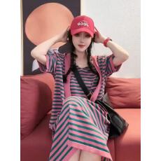 批发欧货宽松减龄粉色条纹韩系气质<b class='q'>中长款</b>连衣裙女高级感漂亮裙子夏季