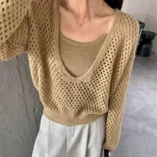 批发十三行爆款慵懒镂空V领针织衫女春装宽松<b class='q'>假两件</b>叠穿罩衫<b class='q'>上衣</b>