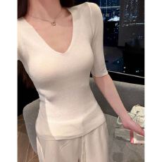批发夏季新款V领打底中袖针织衫<b class='q'>修身</b>显瘦上衣半身裙气质高级感两件套