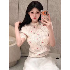 批发2026春季新品高级感玫瑰花刺绣针织短袖上衣女修身显瘦圆领毛衣女
