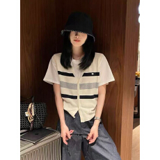 批发韩系chic条纹假两件正肩短袖T恤女夏季穿搭小个子漂亮设计感上衣