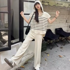 批发夏季新款韩版宽松针织连帽半拉链上衣时尚休闲阔腿裤女两件套装