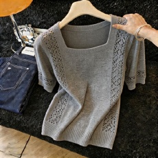 批发复古chic洋气方领短袖针织衫女2026春夏季新款超好看爆款显瘦上衣