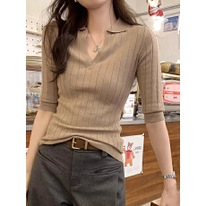 批发2026夏季新款气质polo领修身中袖针织衫女T恤独特设计感纯欲上衣