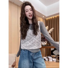 批发法式镂空钩花灰色针织吊带背心春夏新款外搭叠穿无袖上衣两件套