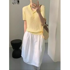 批发夏季新款翻领麻花纹针织短袖极简修身显瘦百搭女上衣