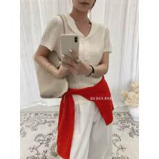 批发夏季新款翻领麻花纹针织短袖极简修身显瘦百搭女上衣