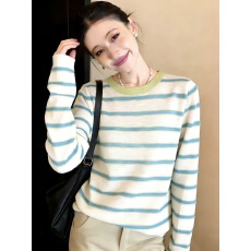 批发韩系条纹冰丝防晒长袖T恤女夏季慵懒风薄款宽松显瘦百搭罩衫上衣