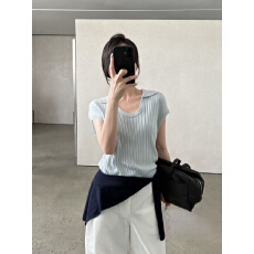 批发TG 通勤干练穿搭 坑条包袖修身显瘦U领针织Polo衫2026春款