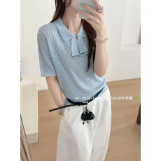 批发娃娃领薄款针织短袖t恤女夏季修身显瘦小衫上衣夏