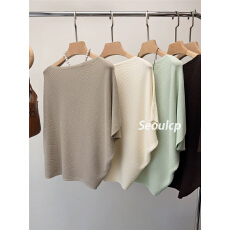 批发极简风蝙蝠袖一字领针织衫女薄荷绿宽松百搭显瘦冰丝上衣