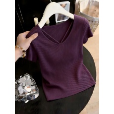 批发法式V领设计洋气短袖毛针织衫女夏季新款2026年修身显瘦休闲上衣