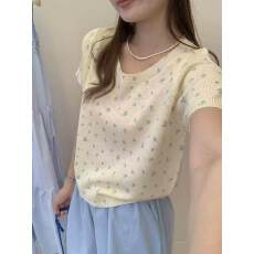 批发韩系少女风冰丝衫奶fufu圆领碎花宽松针织衫小衫上衣