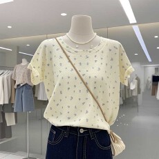 批发韩系少女风冰丝衫奶fufu圆领碎花宽松针织衫小衫上衣