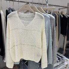 批发温柔慵懒风V领破洞镂空针织衫薄款套头宽松长袖防晒毛衣上衣