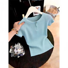 批发慵懒风蓝色半拉链短袖针织衫女2026夏季新款大码宽松百搭显瘦上衣