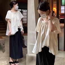 批发法式<b class='q'>不规则</b>超仙短袖<b class='q'>雪纺衫</b>夏微胖大码设计感遮肚子娃娃衫流行上衣