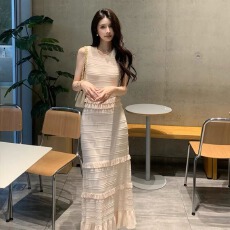 批发韩国重工千金风荷叶边拼接冰丝针织<b class='q'>连衣裙</b>女夏季小香风OL长款长裙