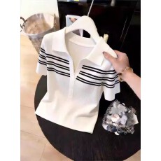 批发韩系条纹半开领灰色短袖t恤女夏季2026新款设计感小众<b class='q'>针织</b><b class='q'>衫</b>上衣