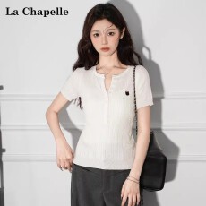 白色半开领薄款针织衫短袖T恤女2026夏季修身V领正肩上衣