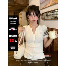 批发美式复古v领<b class='q'>短袖</b>针织衫<b class='q'>女</b>夏季穿搭v领t恤修身显瘦学院风麻花上衣