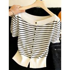 批发韩版减龄一字领条纹撞色冰丝<b class='q'>针织</b>短袖女2026新款夏季<b class='q'>开衫</b>t恤上衣