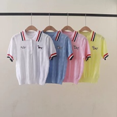 批发夏季新款简约polo领撞色小狗刺绣冰丝短袖<b class='q'>修身</b>显瘦针织t恤上衣