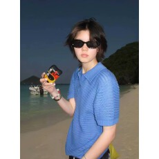 批发蓝色正肩针织短袖T恤男女夏季老钱松弛慵懒度假风<b class='q'>镂空</b>纯色polo衫