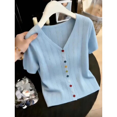 批发2026夏季新款多巴胺粉色V领<b class='q'>镂空</b>短袖针织开衫薄款彩色纽扣上衣女