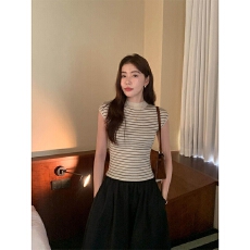 批发法式半高领条纹短袖针织衫女夏季新款气质修身显瘦短款T恤上衣潮