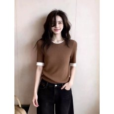 批发设计感撞色针织短袖T恤女<b class='q'>夏</b>季高级感咖色宽松显瘦大码欧洲站上衣