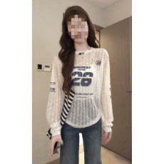 宽松慵懒风镂空针织罩衫女夏季学生百搭圆领长袖设计感防晒上衣女