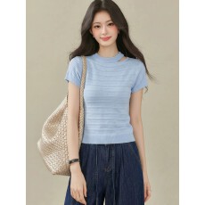 批发蓝色镂空挂脖肌理感简约修身T恤女2026夏季独特小众精致漂亮上衣