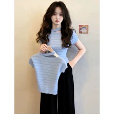 批发浅蓝色挂脖镂空修身短袖t恤女2026夏季独特绝美巨好看设计感上衣