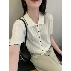批发夏季<b class='q'>薄款</b>撞色翻领冰丝针织开衫短袖t恤女2026新款短款小个子上衣