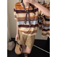 批发时尚彩色条纹圆领配丝巾短袖<b class='q'>针织衫</b>女夏季宽松显瘦百搭上衣潮