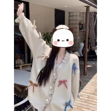 批发温柔<b class='q'>甜美</b>重工立体蝴蝶结爱心建瓯木耳边厚款毛衣开衫