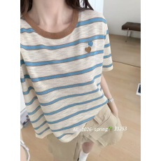 批发复古撞色<b class='q'>条纹</b>松弛感t恤女2026夏季新款休闲显瘦百搭圆领短袖上衣