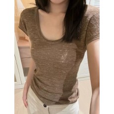 批发幻彩亚麻短袖<b class='q'>针织衫</b>女2026夏季新款高级感修身显瘦U领卷边T恤上衣