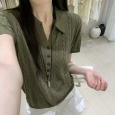 批发老钱风麻花V领polo衫短袖女夏季2026新款修身显瘦针织T恤正肩上衣