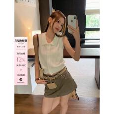 批发韩系灰色高级感小飞袖冰丝T恤女夏季设计感小众独特别致无袖上衣