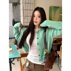 批发<b class='q'>薄</b>荷绿色复古卷边针织<b class='q'>开衫</b>毛衣女2026新款春秋季软糯早春外搭上衣