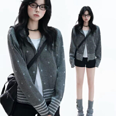 批发2026年复古连帽波点<b class='q'>针织</b><b class='q'>开衫</b><b class='q'>女</b>秋季新款宽松拉链外套百搭休闲毛衣