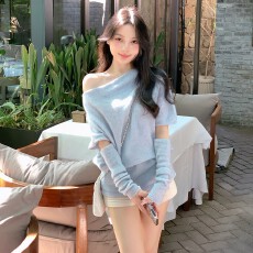 批发马海毛混纺露肩袖套毛衣女<b class='q'>秋</b>冬慵懒高级感斜肩上衣内搭