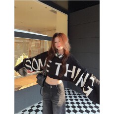 批发美式辣妹短款字母提花长袖毛衣女秋季宽松小众设计感套头针织上衣