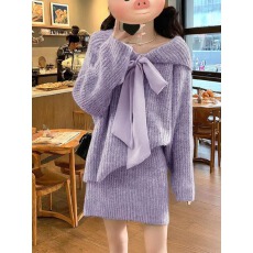 批发蝴蝶结温柔风穿搭一整套<b class='q'>连衣裙</b>子女秋季2026新款针织毛衣短裙套装