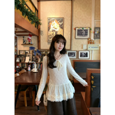 批发韩系甜美花边v领长袖t恤女秋冬新款收腰芭蕾风打底蕾丝衫内搭上衣