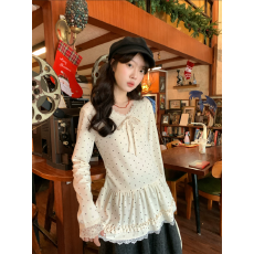 批发韩系甜美花边v领长袖t恤女新款收腰芭蕾风打底蕾丝衫内搭上衣